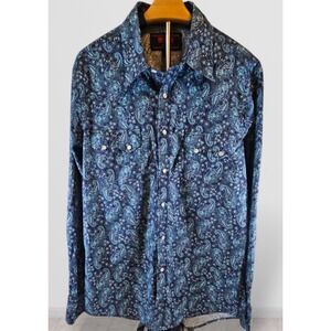 Rock & Roll Denim Blue Paisley Retro Pearl Snap Western Shirt Mens L Modern Fit